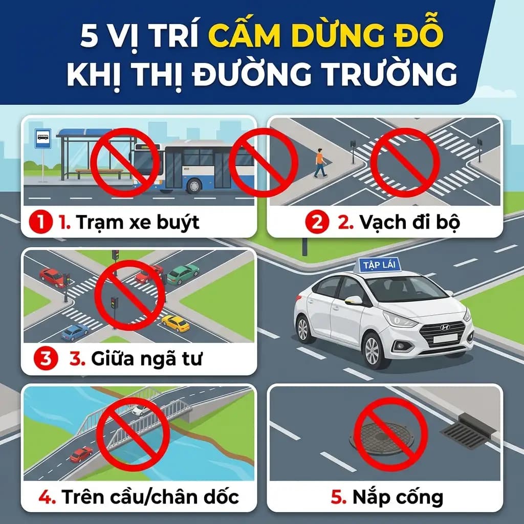 5 Vị Trí Cấm Dừng Đỗ Khi Thi Đường Trường Ô Tô Học Viên Cần Biết