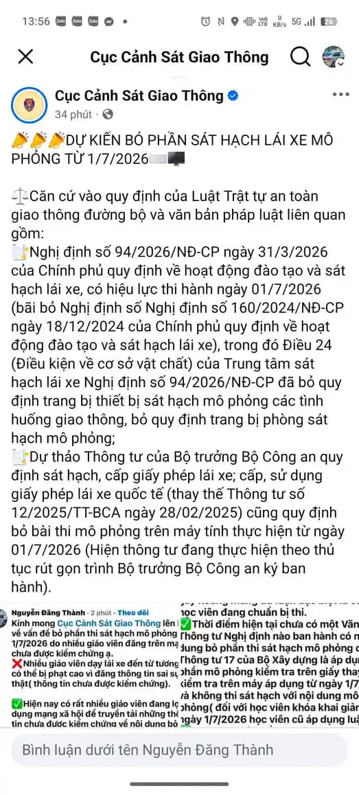 Bỏ Phần Thi Mô Phỏng Từ 01/07/2026: Cục CSGT Xác Nhận