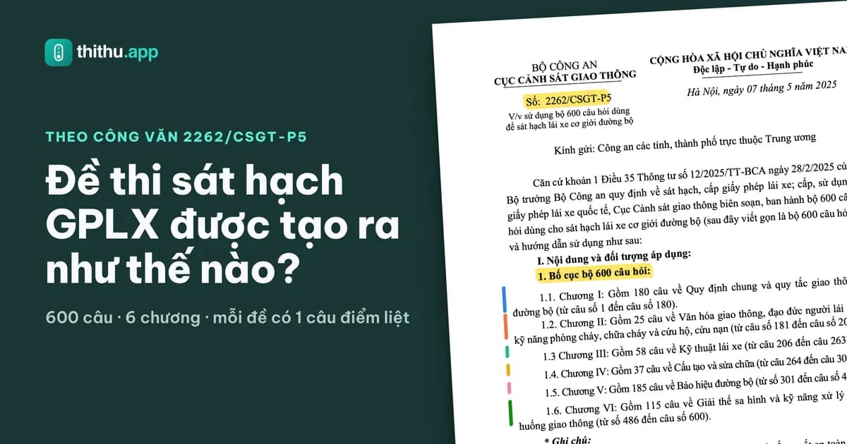 Trang đầu Công văn 2262/CSGT-P5 của Cục Cảnh sát giao thông được đánh dấu phần bố cục bộ 600 câu hỏi sát hạch GPLX