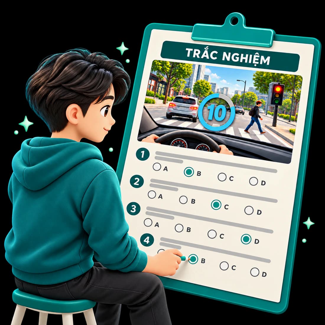 Cụm đề mô phỏng trắc nghiệm với tình huống giao thông và biểu tượng an toàn