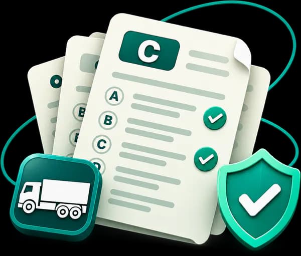 Cụm đề thi thử lý thuyết GPLX hạng C với biểu tượng xe tải và an toàn