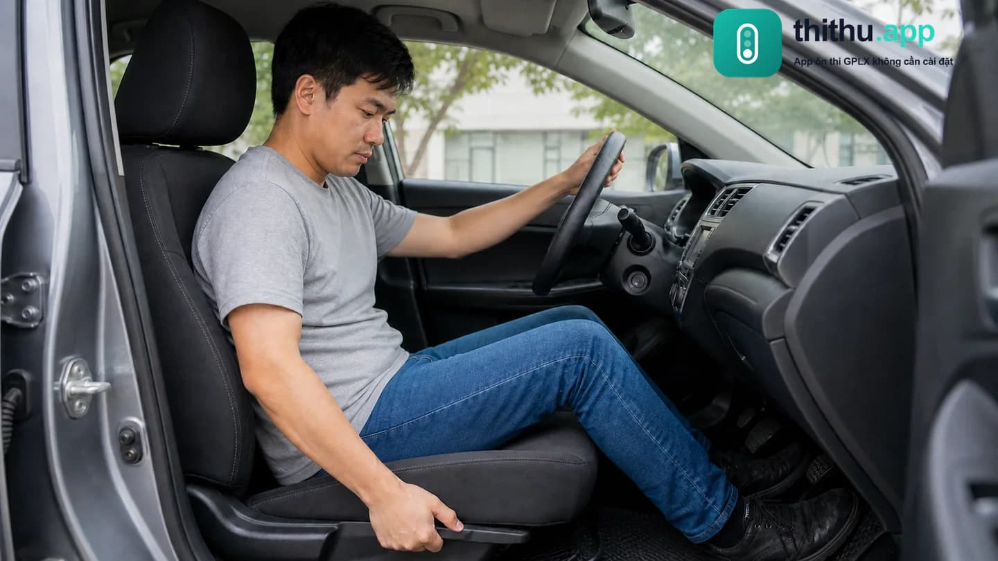 Người lái kéo cần để điều chỉnh ghế trước khi khởi động xe