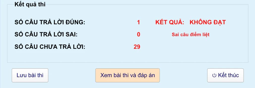 Màn hình kết quả thi hiển thị số câu đúng, sai, chưa trả lời và nút xem đáp án
